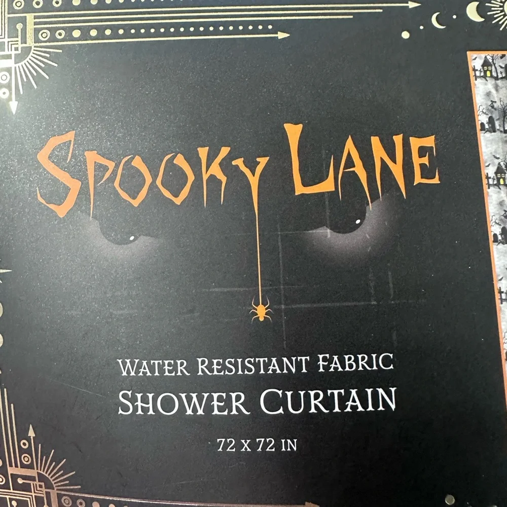 Spooky Lane Halloween Haunted House Graveyard Shower Curtain - Black and Yellow
